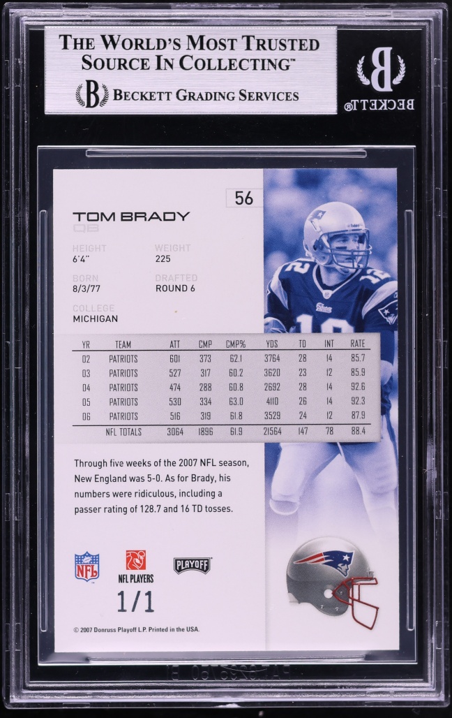 2007 Playoff NFL Playoffs Platinum Holofoil Tom Brady 1/1 #56 BGS 9 MINT - Photo 2