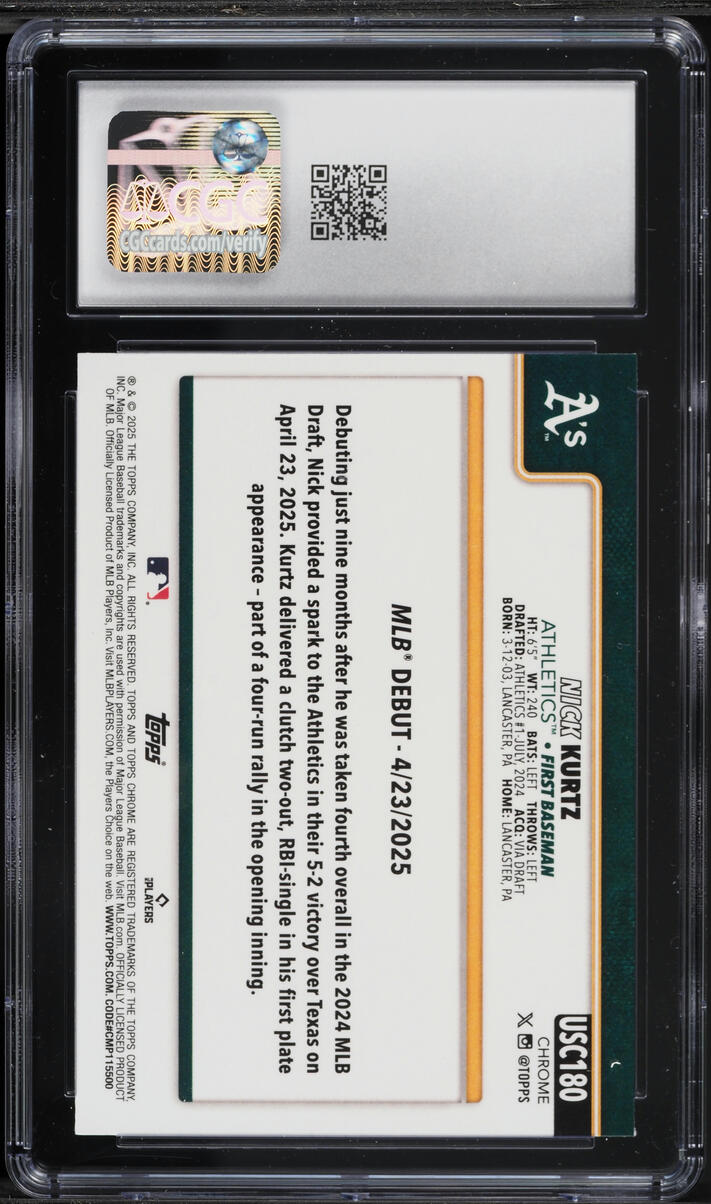 2025 Topps Chrome Update Nick Kurtz ROOKIE #USC180 CGC 8.5 NM-MT+