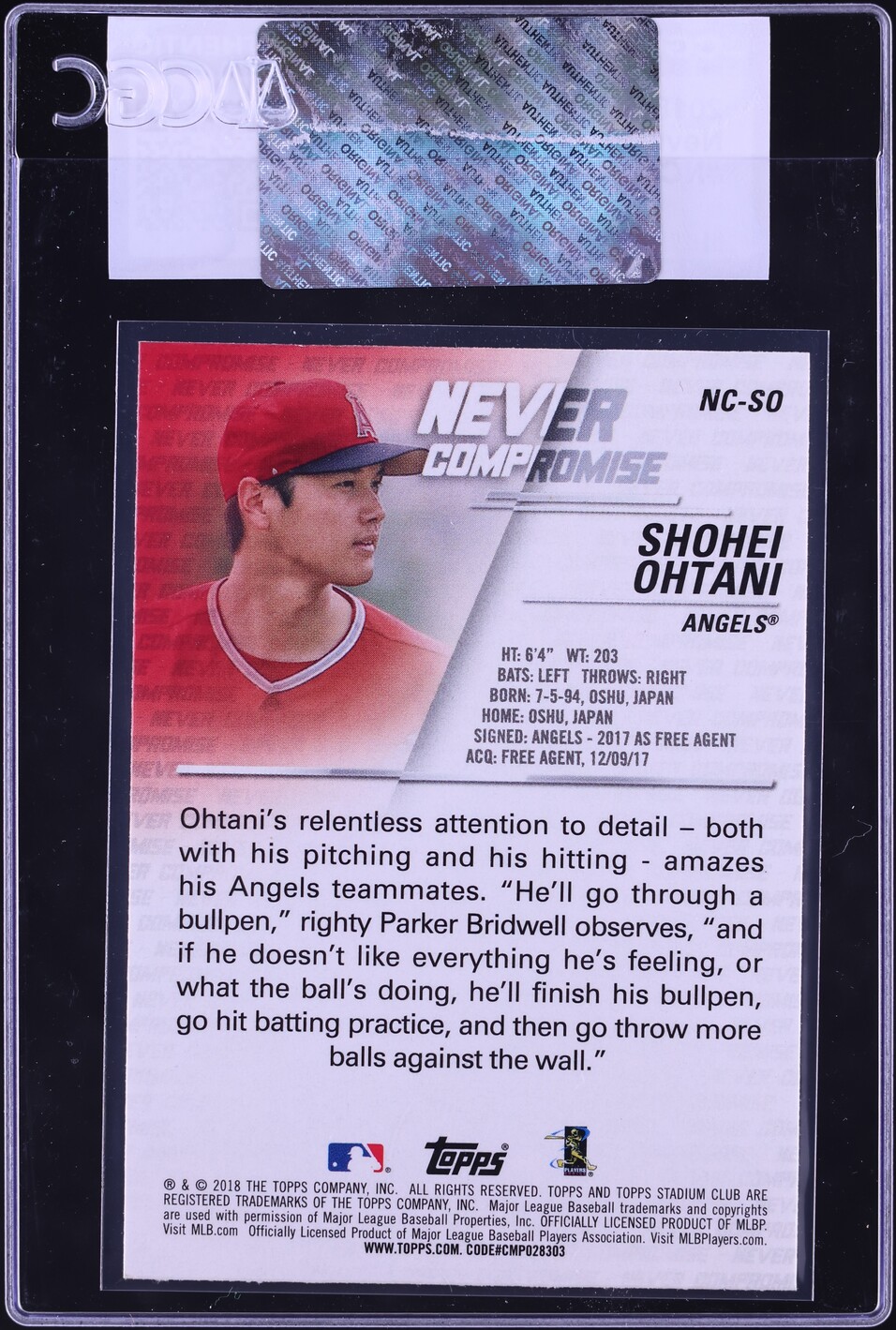2018 Stadium Club Never Compromise Shohei Ohtani ROOKIE #NC-SO CGC AUTH