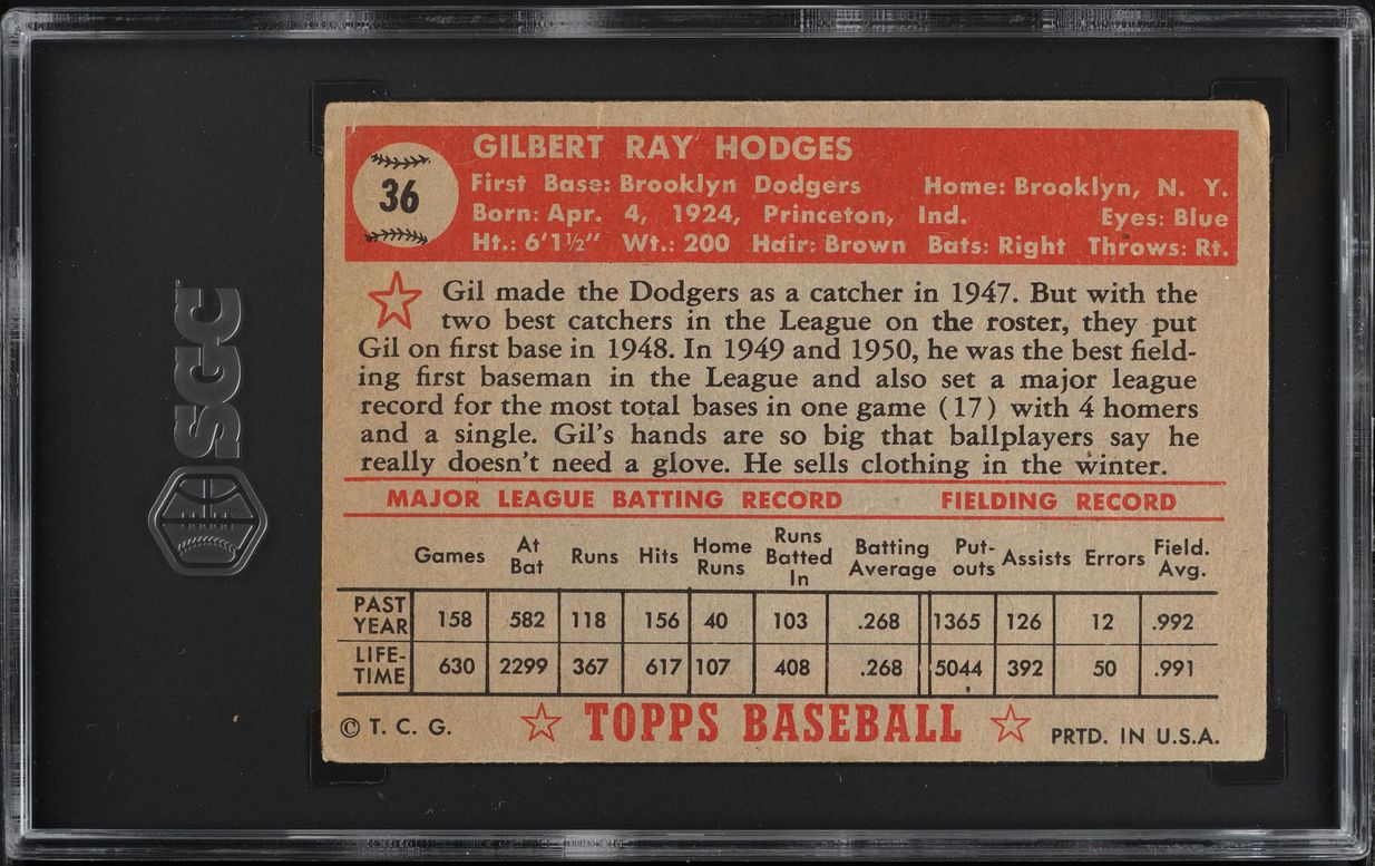 1952 Topps Gil Hodges RED BACK #36 SGC 1 PR