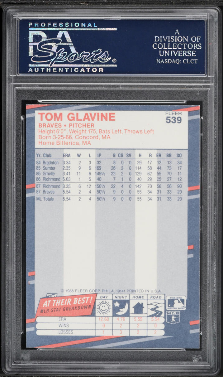 1988 Fleer Glossy Tom Glavine ROOKIE #539 PSA 10 GEM MINT