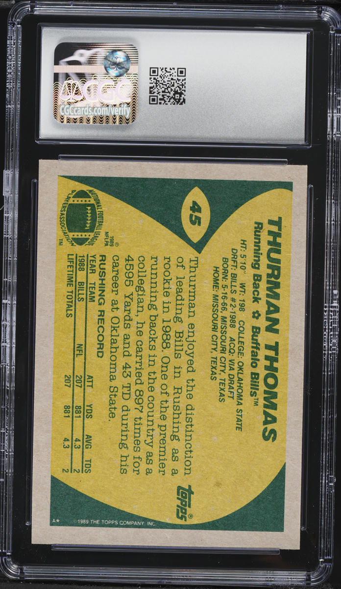 1989 Topps Football Thurman Thomas ROOKIE #45 CGC 9 MINT