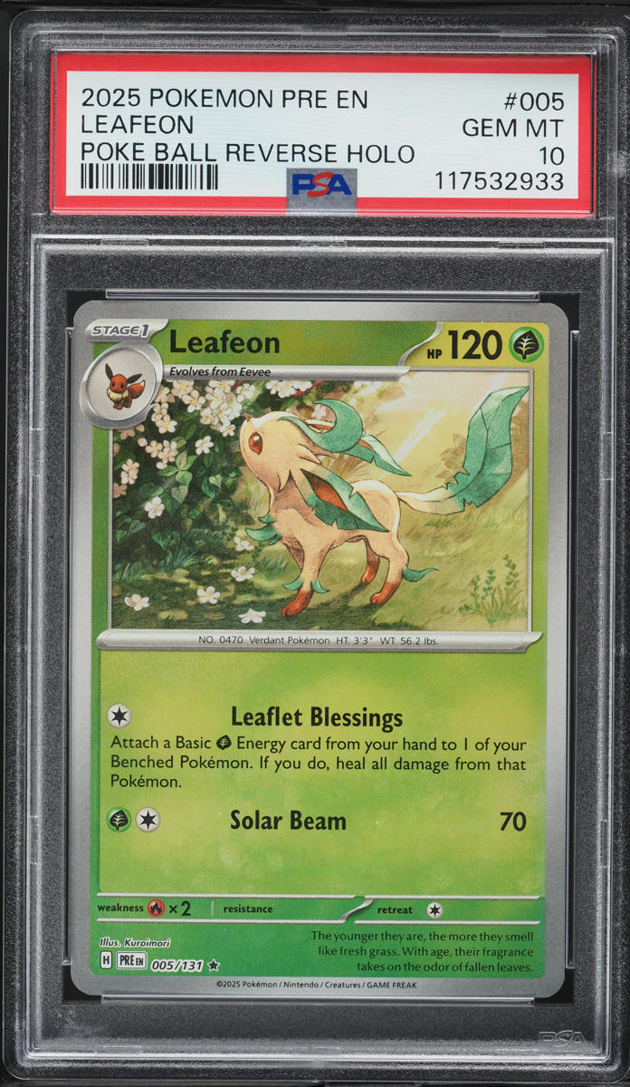 2025 Pokemon SV Prismatic Evolutions Poke Ball Reverse Holo Leafeon #5 PSA 10