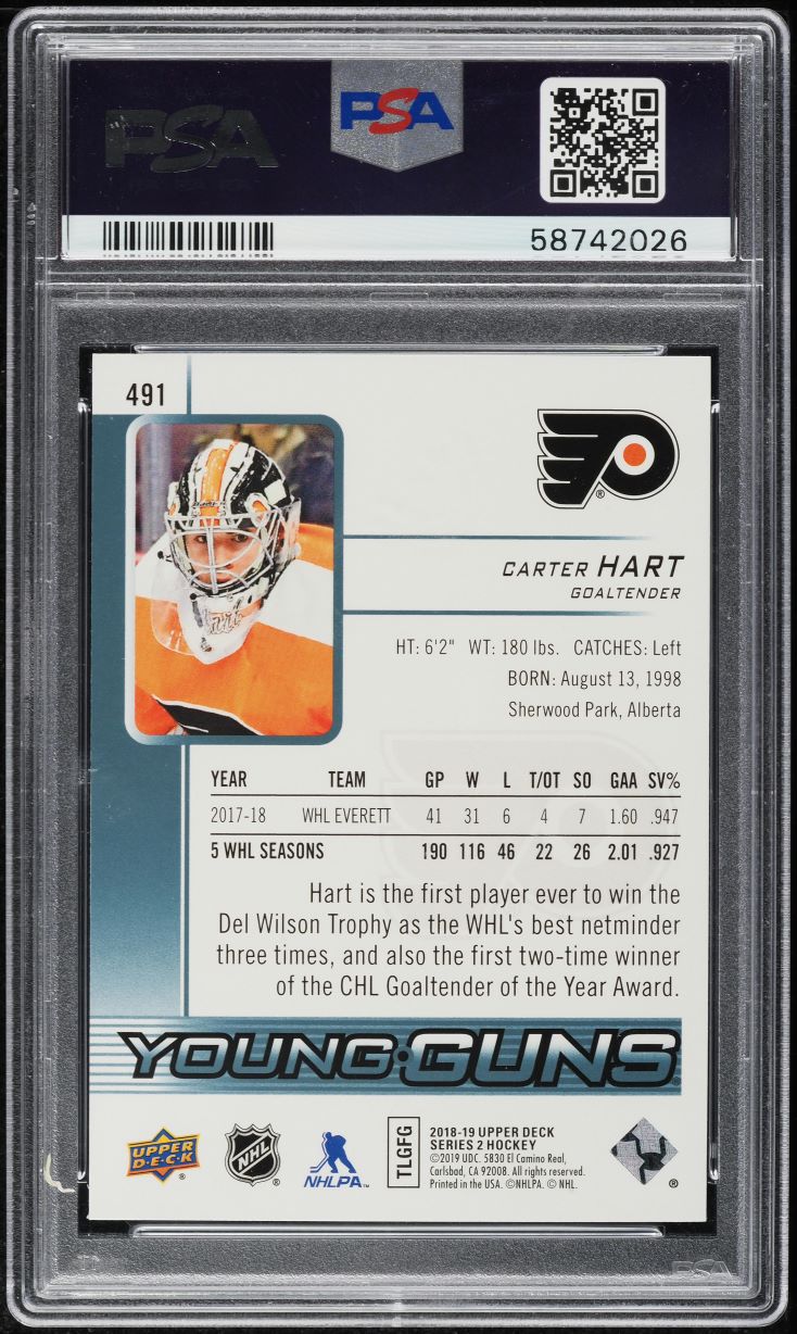 2018 Upper Deck Young Guns Carter Hart ROOKIE #491 PSA 10 GEM MINT