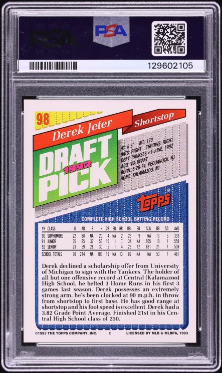 1993 Topps Derek Jeter ROOKIE #98 PSA 10 GEM MINT