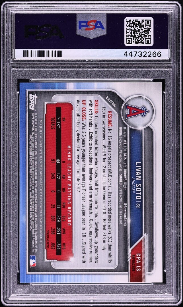 2019 Bowman Chrome Refractor Livan Soto PROSPECT AUTO /499 #CPA-LS PSA 10 GEM