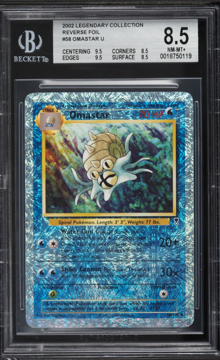 2002 Pokemon Legendary Collection Reverse Holo Omastar #58 BGS 8.5 NM-MT+