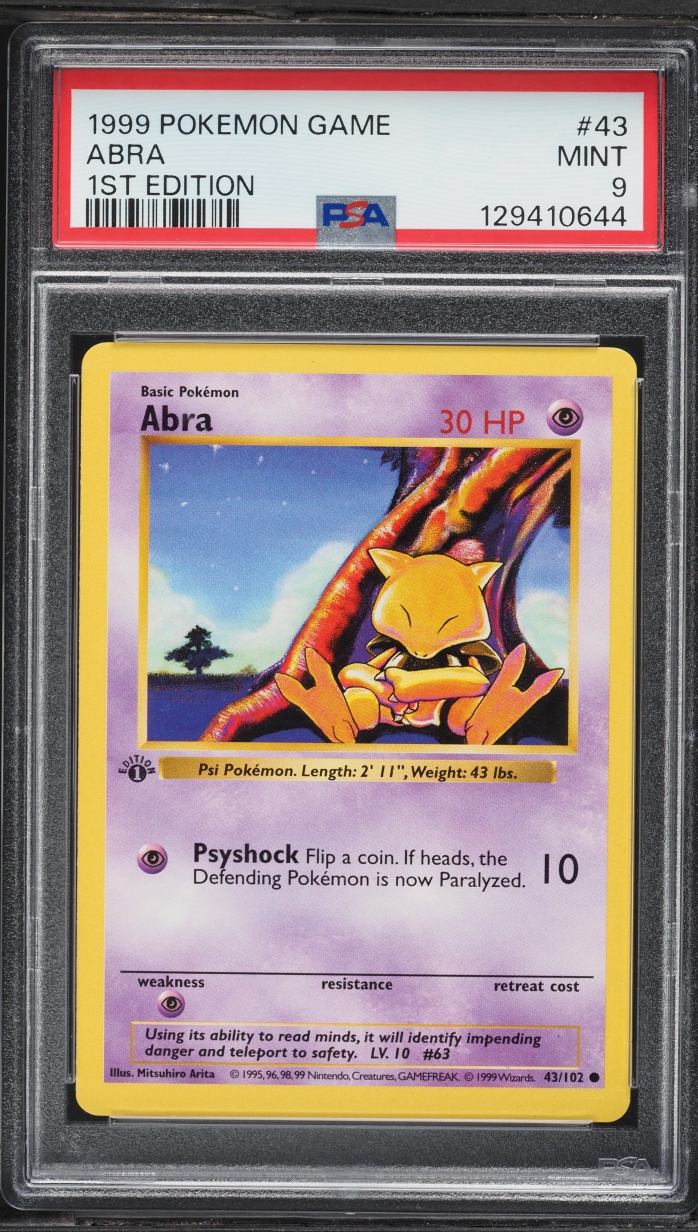 1999 Pokemon Base Set Shadowless 1st Edition Abra #43 PSA 9 MINT