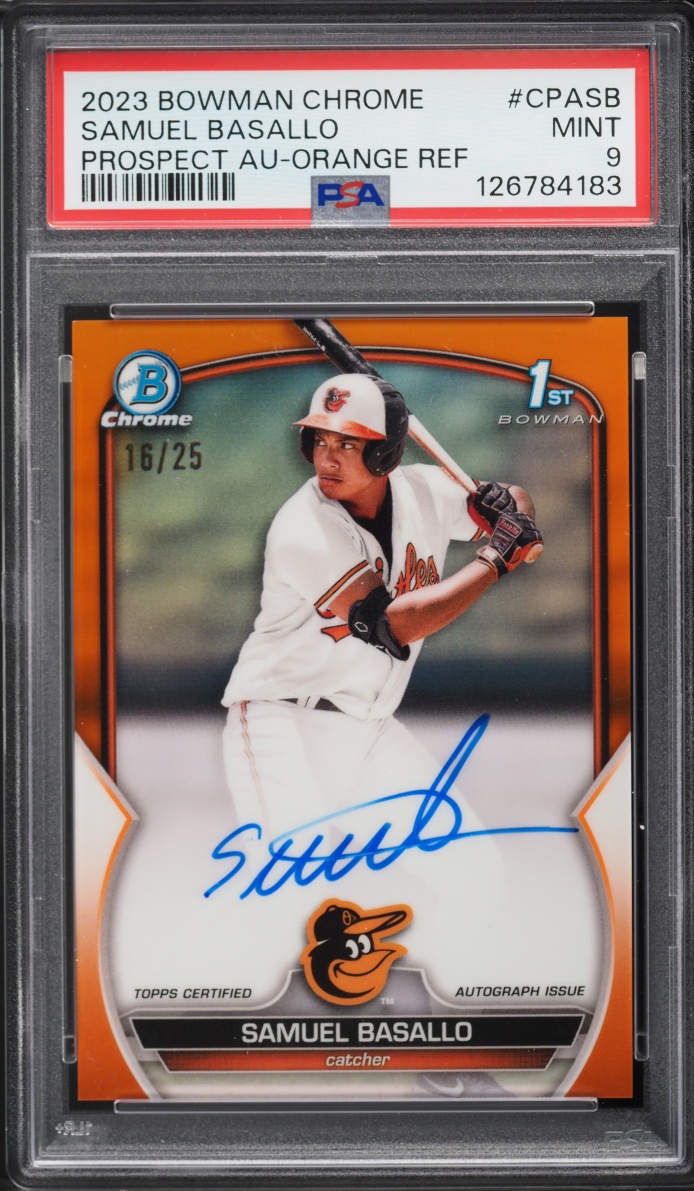 2023 Bowman Chrome Orange Refractor Samuel Basallo PROSPECT AUTO /25 #CPASB PSA 9 MINT