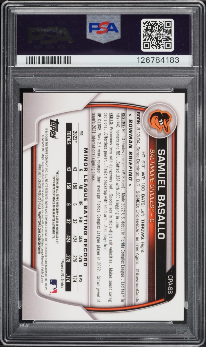 2023 Bowman Chrome Orange Refractor Samuel Basallo PROSPECT AUTO /25 #CPASB PSA 9 MINT