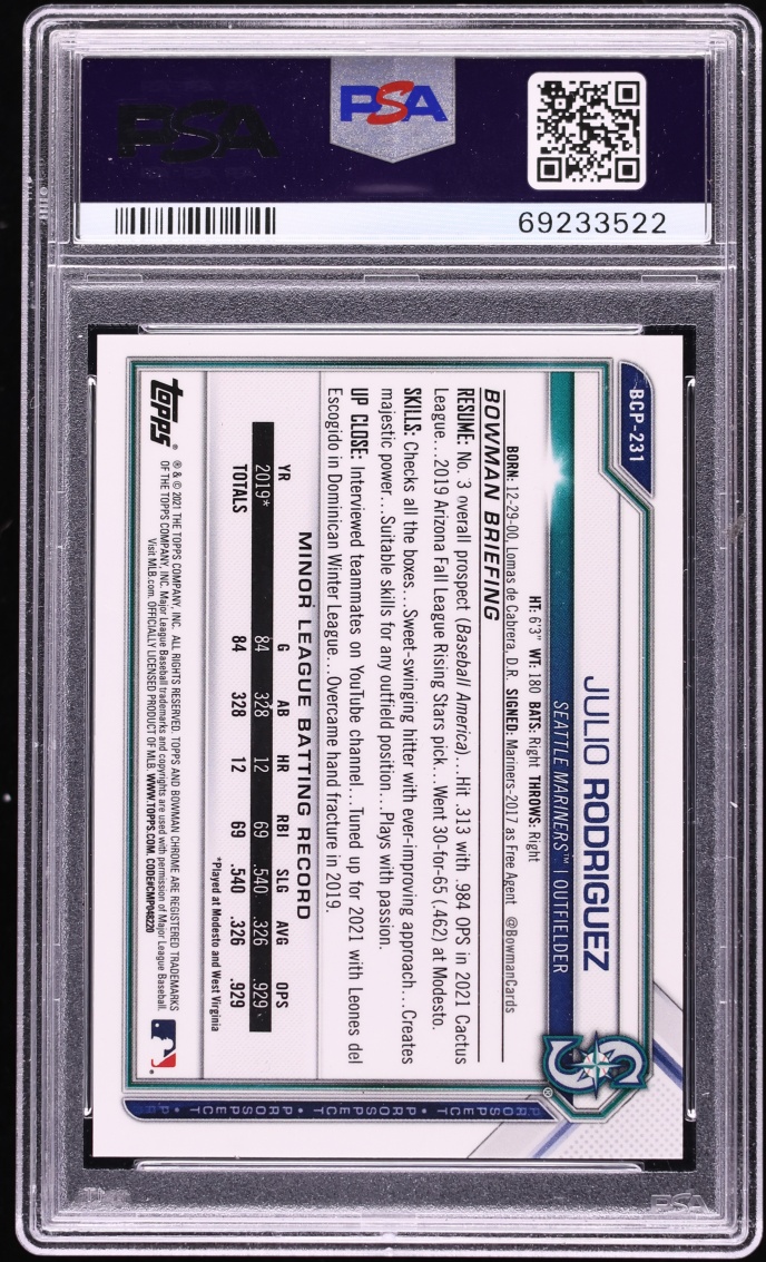 2021 Bowman Chrome Mega Box Gold Refractor Julio Rodriguez PROSPECT /50 #BCP-231 PSA 10 GEM