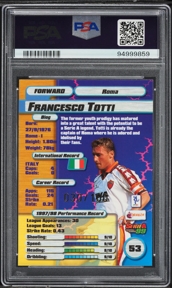 1998 Merlin Serie A 99 Ruby Francesco Totti /100 #53 PSA 9 MINT