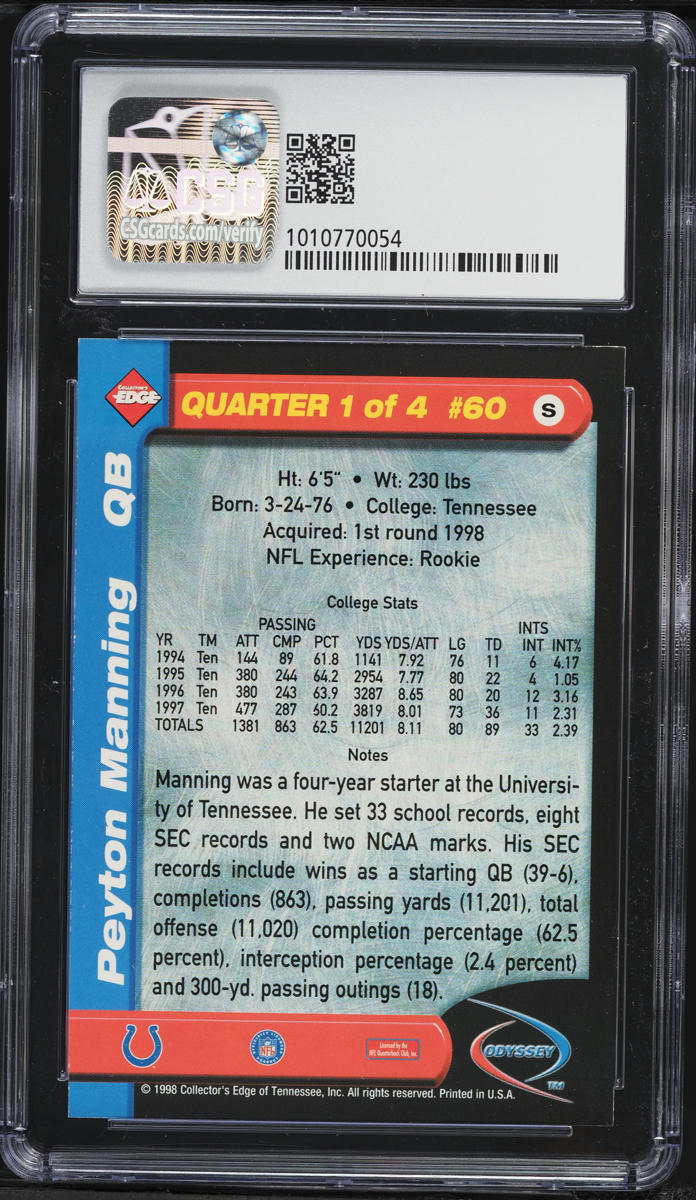 1998 Collector's Edge Odyssey Peyton Manning ROOKIE #60 CSG 8 NM-MT