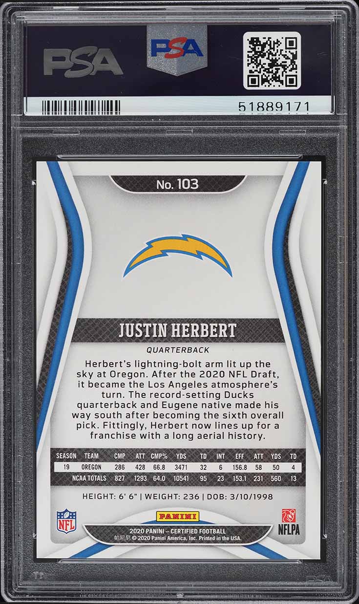 2020 Panini Certified Justin Herbert ROOKIE /399 #103 PSA 10 GEM MINT