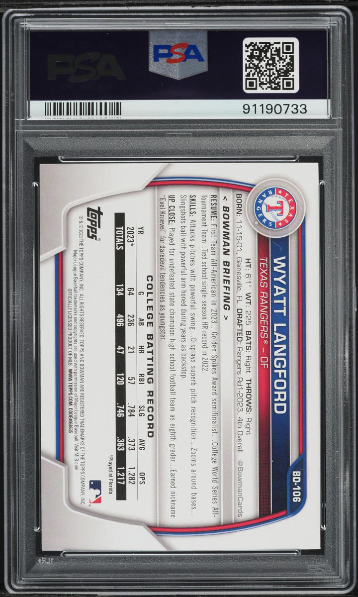 2023 Bowman Draft Wyatt Langford PROSPECT #BD-106 PSA 10 GEM MINT