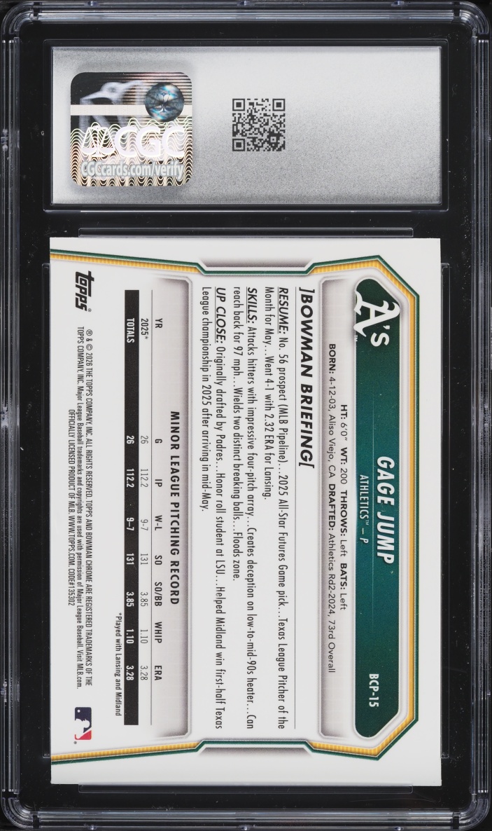2026 Bowman Chrome Lava Refractor Gage Jump PROSPECT /399 #BCP-15 CGC 10 GEM MINT