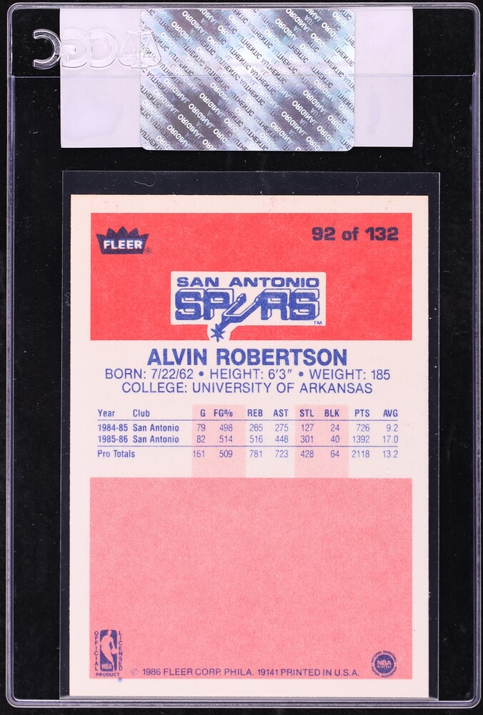 1986 Fleer Basketball Alvin Robertson ROOKIE #92 CGC AUTH