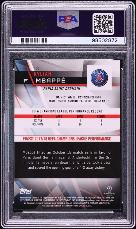 2018 Finest UEFA Champions League Gold Refractor Kylian Mbappe ROOKIE /50 #50 PSA 9 MINT - Photo 2