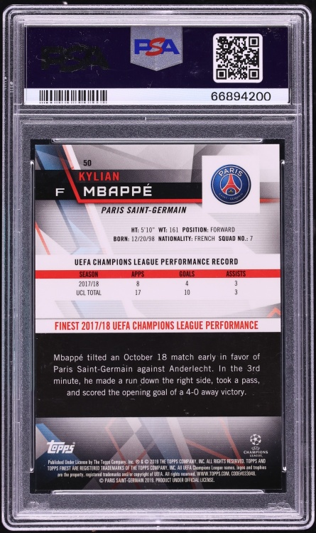 2018 Finest UEFA Champions League Green Refractor Kylian Mbappe ROOKIE /99 #50 PSA 9 MINT - Photo 2