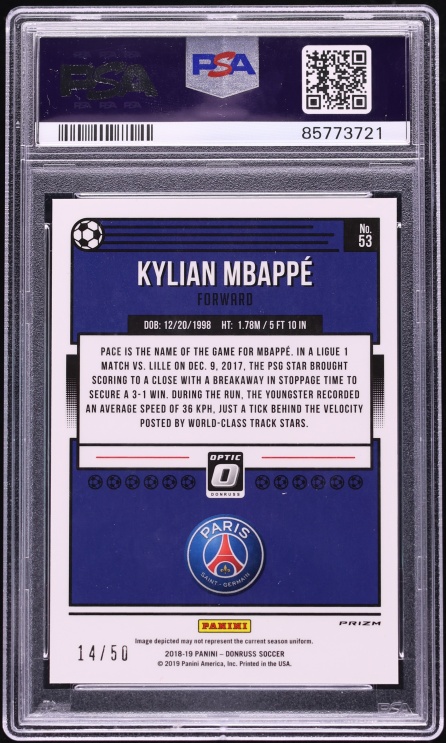 2018 Donruss Optic Red Velocity Kylian Mbappe ROOKIE /50 #53 PSA 9 MINT - Photo 2
