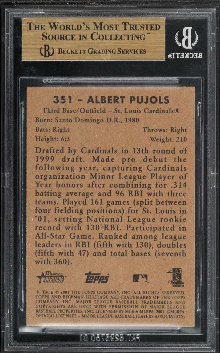 2001 Bowman Heritage Albert Pujols ROOKIE #351 BGS 9.5 GEM MINT