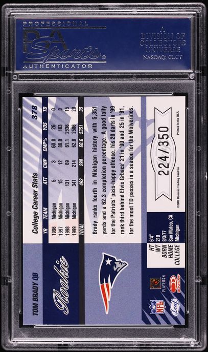 2000 Leaf Limited Tom Brady ROOKIE /350 #378 PSA 10 GEM MINT