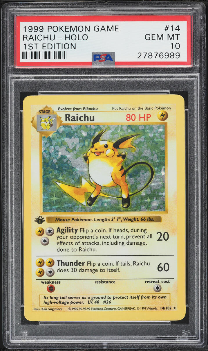 1999 Pokemon Base Set Shadowless 1st Edition Holo Raichu #14 PSA 10 GEM MINT