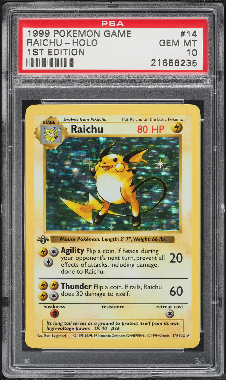 1999 Pokemon Base Set Shadowless 1st Edition Holo Raichu #14 PSA 10 GEM MINT