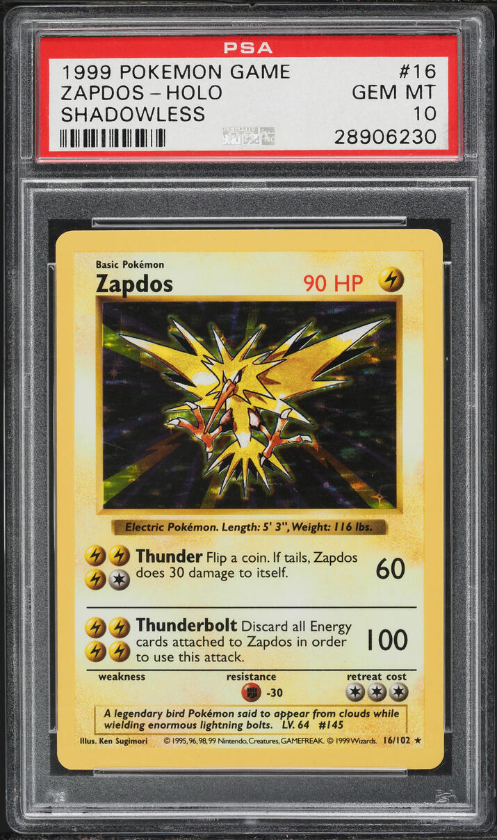 1999 Pokemon Base Set Shadowless Holo Zapdos #16 PSA 10 GEM MINT