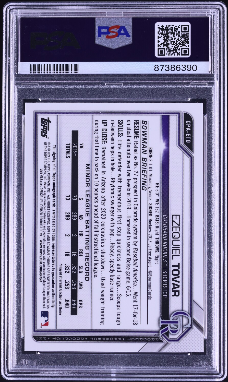 2021 Bowman Chrome Ezequiel Tovar PROSPECT AUTO #CPA-ETO PSA 10 GEM MINT