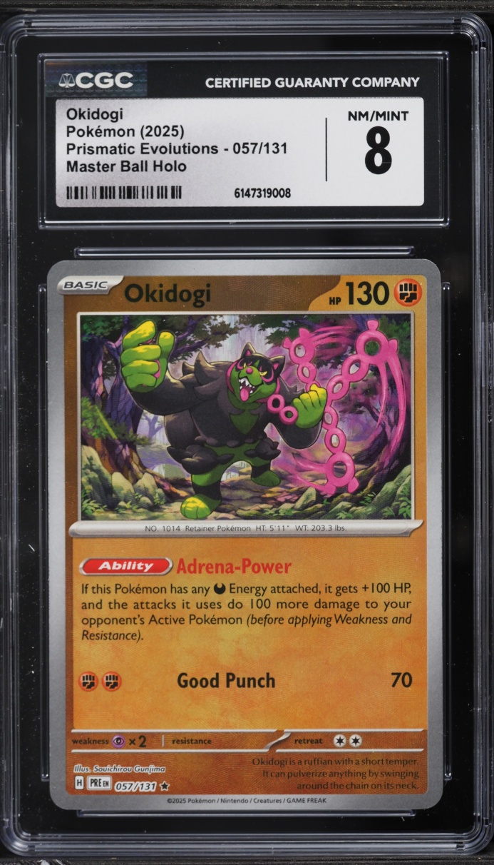 2025 Pokemon Scarlet & Violet Prismatic Evolutions Master Ball Holo Okidogi #57 CGC 8 NM-MT