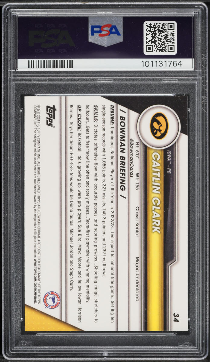 2023 Bowman Chrome University Pink Refractor Caitlin Clark ROOKIE #34 PSA 10 GEM