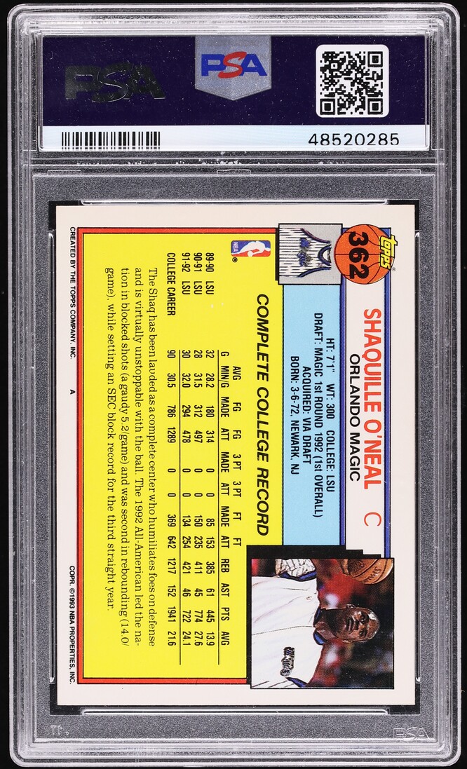 1992 Topps Basketball Shaquille O'Neal ROOKIE #362 PSA 8.5 NM-MT+