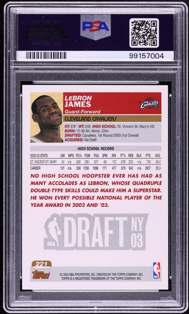2003 Topps Basketball LeBron James ROOKIE #221 PSA 9 MINT