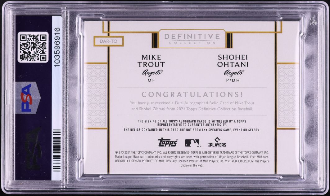 2024 Topps Definitive Collection Dual Mike Trout Shohei Ohtani PATCH AUTO 1/15 #DAR-TO PSA 9