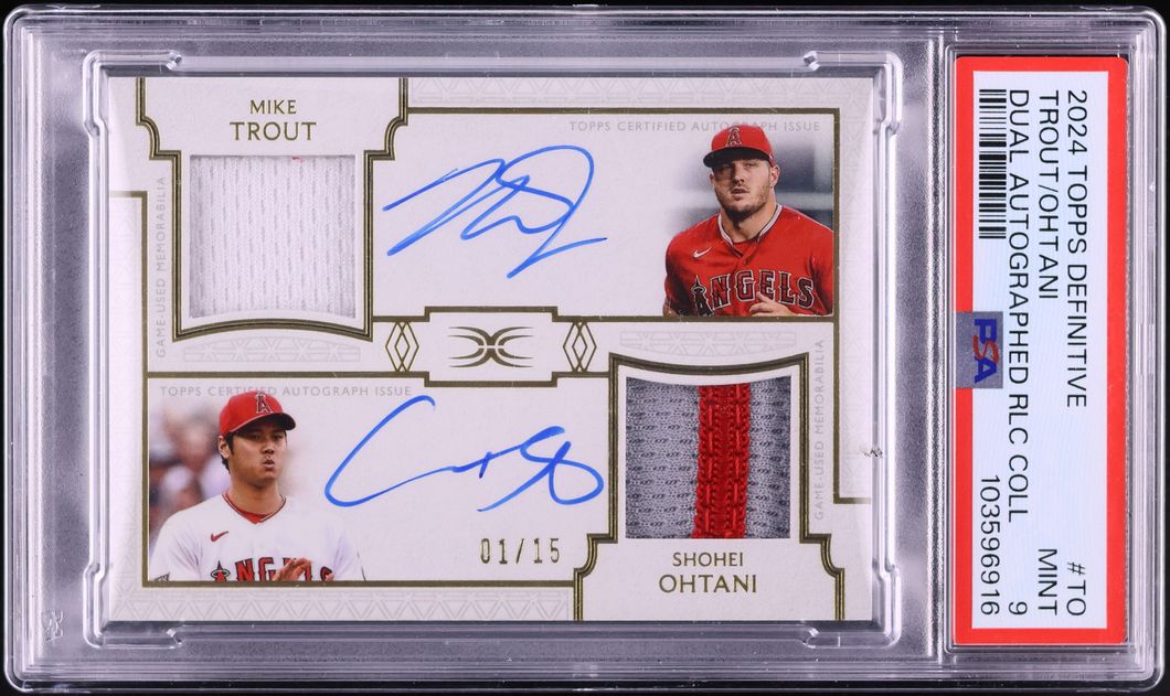 2024 Topps Definitive Collection Dual Mike Trout Shohei Ohtani PATCH AUTO 1/15 #DAR-TO PSA 9