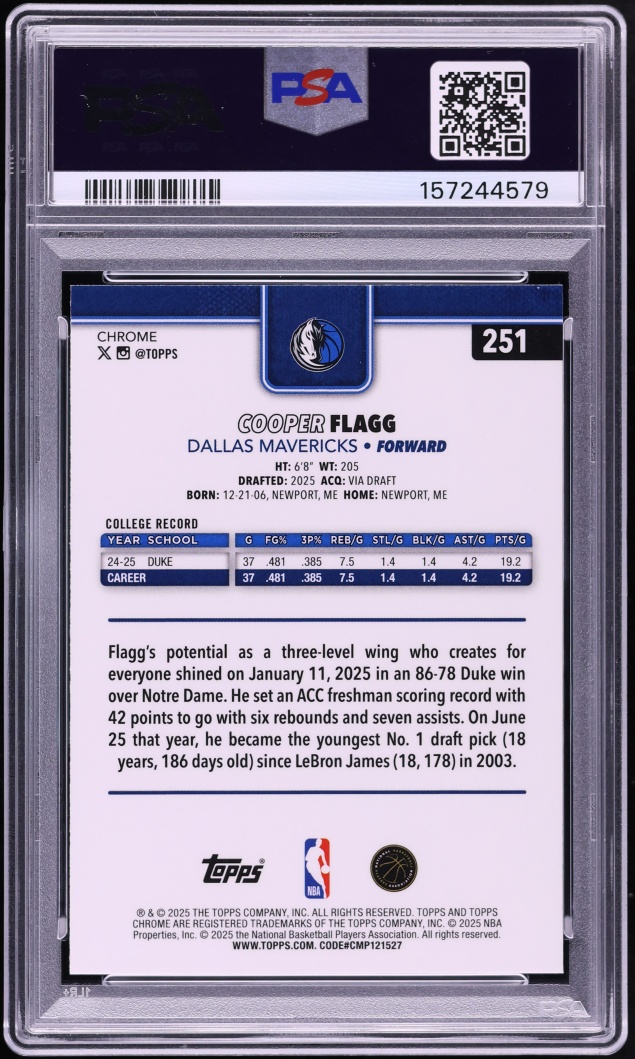 2025 Topps Chrome Refractor Cooper Flagg ROOKIE #251 PSA 10 GEM MINT