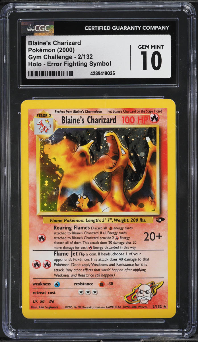2000 Pokemon Gym Challenge Holo Fighting Symbol Error Blaine's Charizard CGC 10