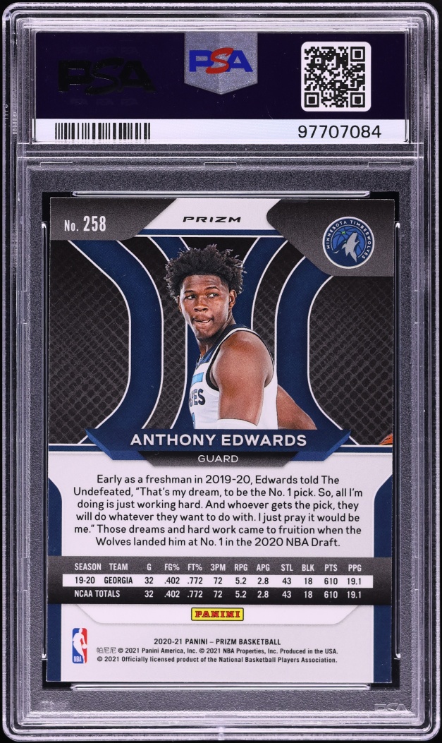 2020 Panini Prizm Orange Ice Anthony Edwards ROOKIE #258 PSA 10 GEM MINT