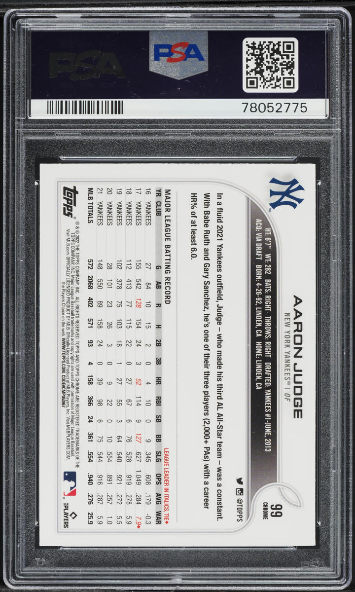 2022 Topps Chrome Pink Refractor Aaron Judge #99 PSA 9 MINT