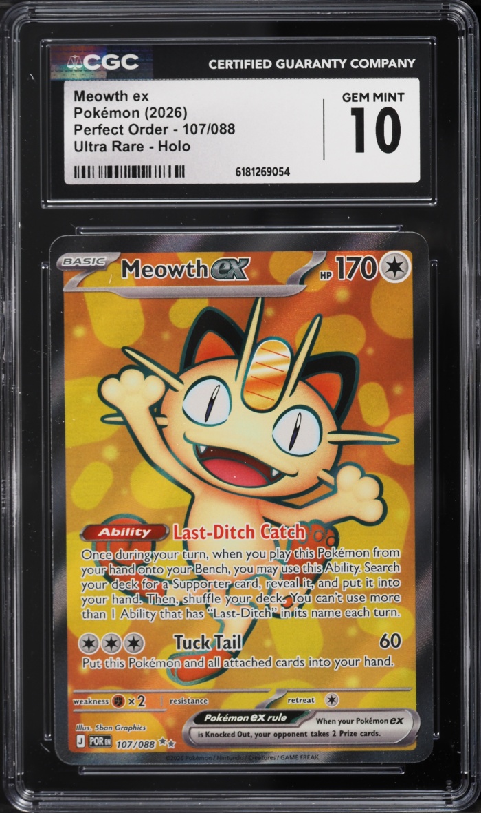 2026 Pokemon Mega Evolution Perfect Order Full Art Meowth ex #107 CGC 10 GEM MINT