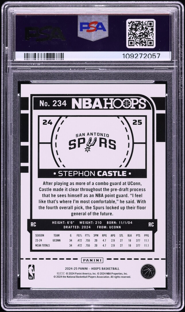 2024 Hoops Silver Stephon Castle ROOKIE /199 #234 PSA 9 MINT