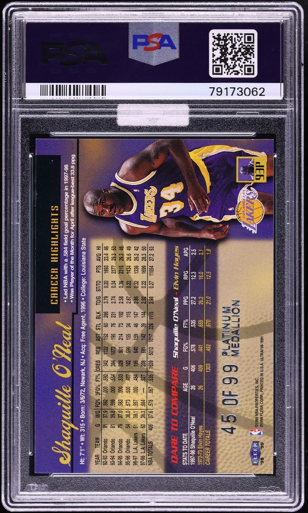1998 Ultra Platinum Medallion Shaquille O'Neal /99 #93P MBA PSA 9 MINT
