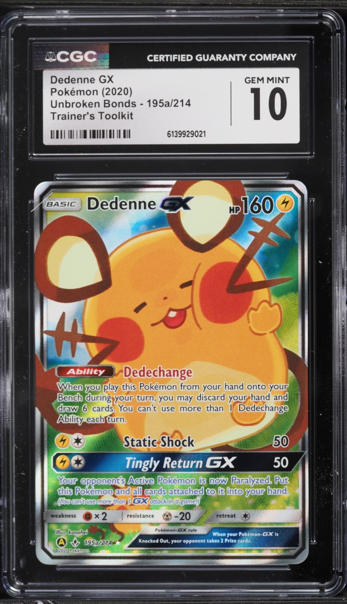 2020 Pokemon SM Unbroken Bonds Trainer's Toolkit Full Art Dedenne GX #195a CGC 10 GEM MINT