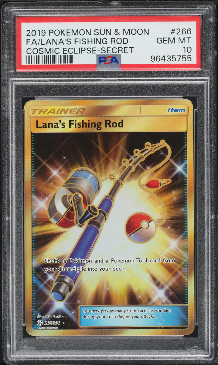 2019 Pokemon Sun & Moon Cosmic Eclipse Full Art Lana's Fishing Rod #266 PSA 10 GEM MINT