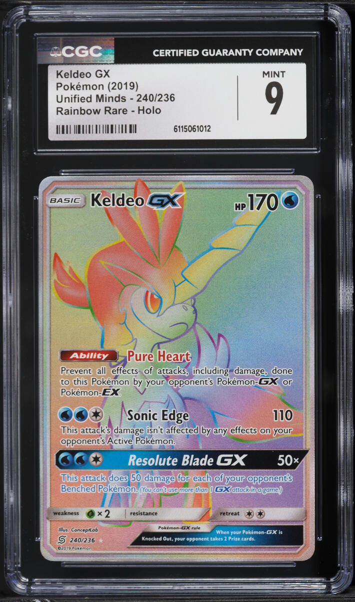 2019 Pokemon Sun & Moon Unified Minds Rainbow Rare Keldeo GX #240 CGC 9 MINT