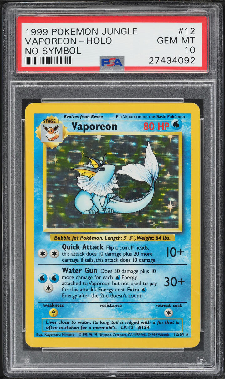 1999 Pokemon Jungle No Symbol Holo Vaporeon #12 PSA 10 GEM MINT
