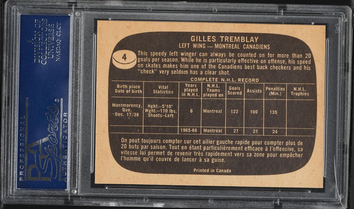 1966 Topps Hockey Gilles Tremblay #4 PSA 7 NRMT