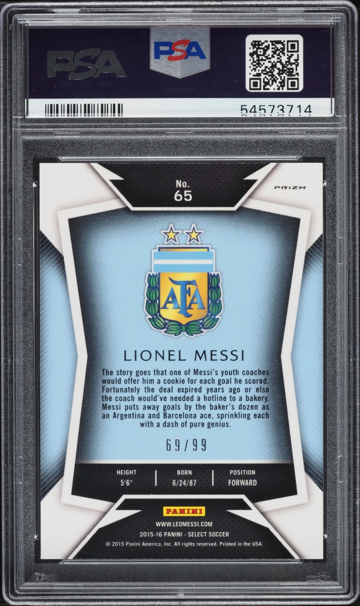 2015 Select Striped Jersey Purple Prizm Lionel Messi /99 #65 PSA 10 GEM MINT