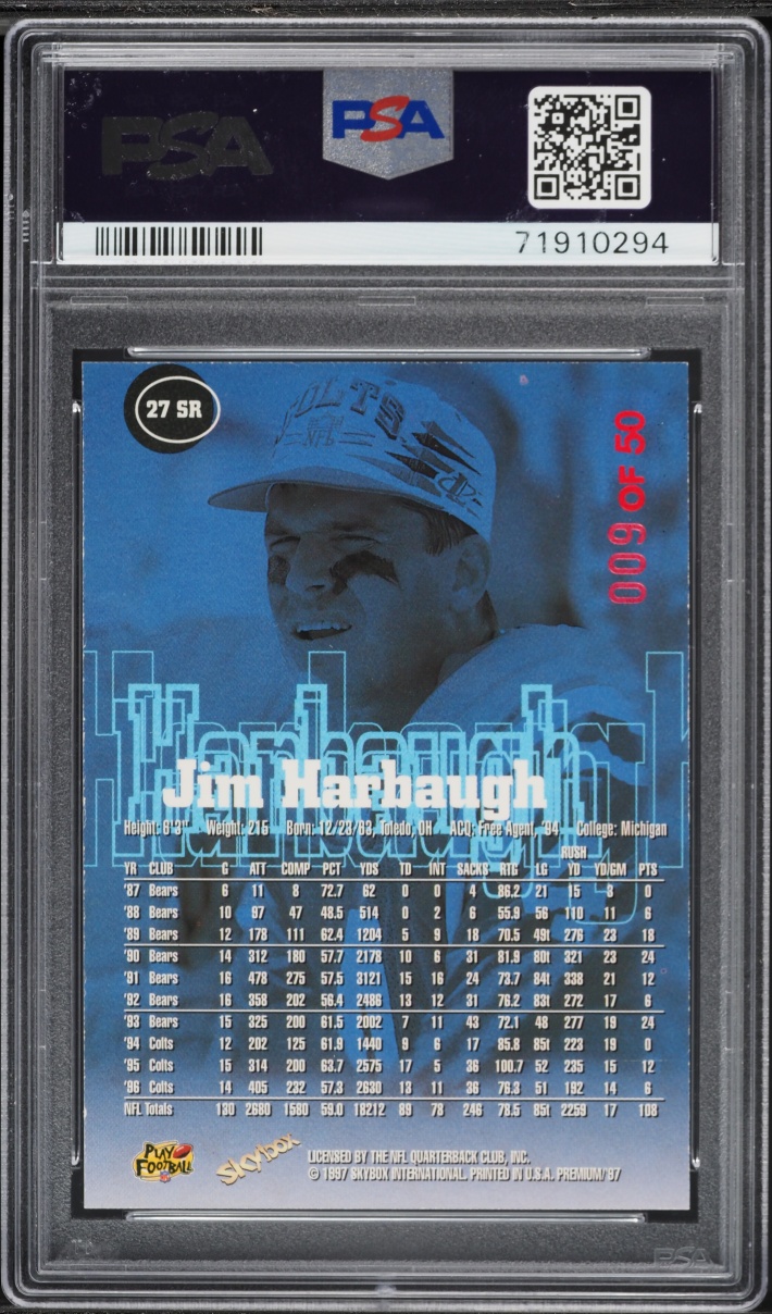 1997 Skybox Premium Rubies Jim Harbaugh /50 #27SR PSA 8 NM-MT